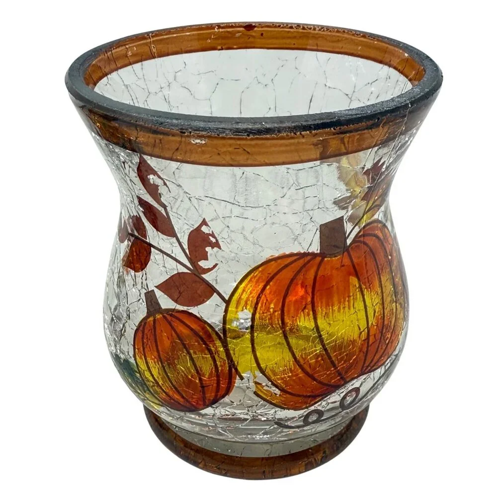 Set 3 Yankee Candle Pumpkin Fall Autumn‎ Crackle Glass Votive Candle Holders